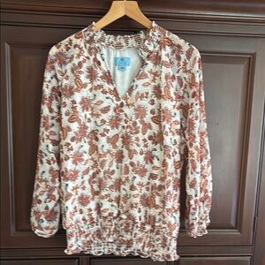 CeCe  Autumn Leaf Print Top in Rust and Cream size Latge